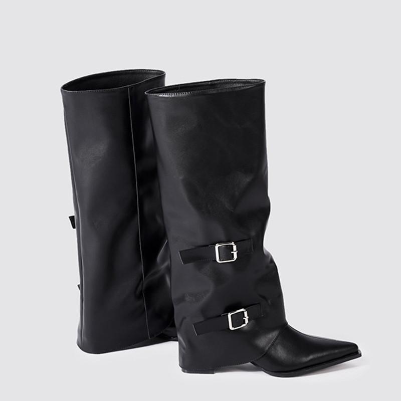 Mode Herbst Winter Weiches Leder Lässige Damen Kniehohe Stiefel Modische Gürtelschnalle Hohe Absätze Gothic Damen Schaft Lange Stiefeletten Schuhe