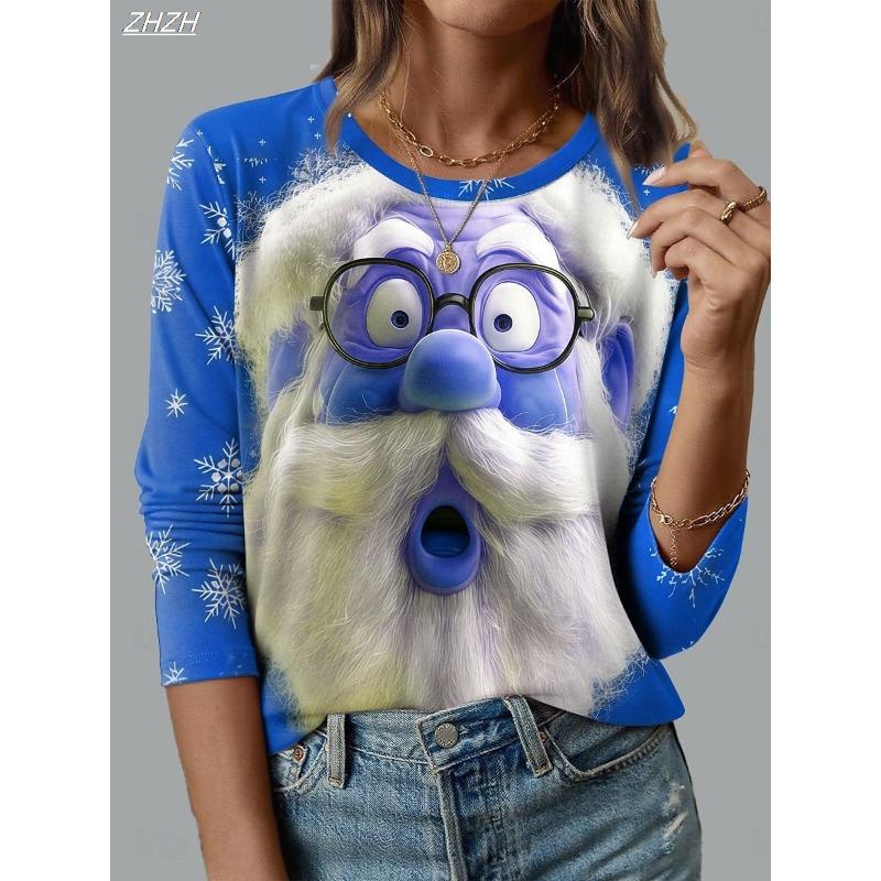 Women's Christmas Santa Print Long Sleeve, Festive Crew Neck Tops, Holiday Casual Wear, All Seasons Fashion Style