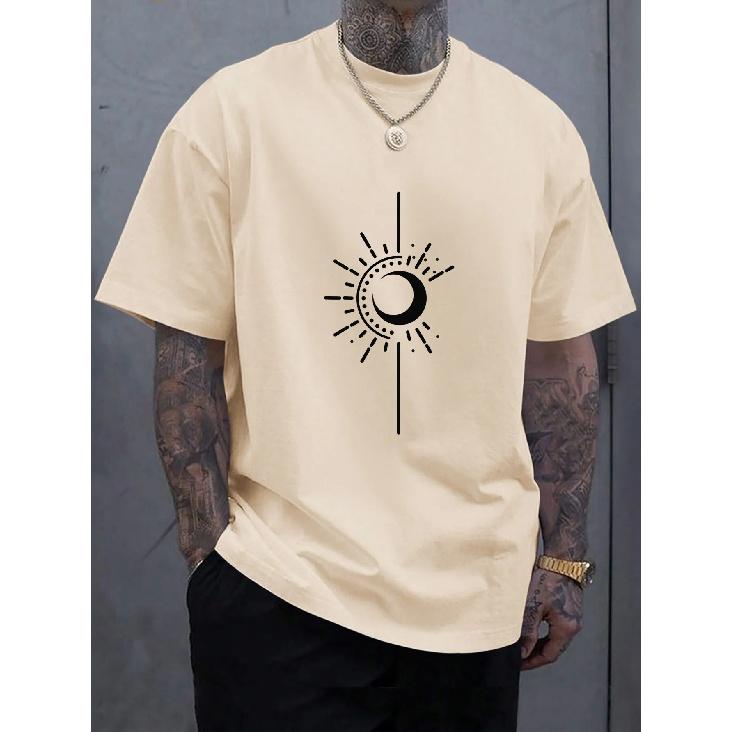 Herren T-Shirt mit Mond-Print, O-Ausschnitt, Übergröße, kurzärmelig, Freizeitkleidung für Männer