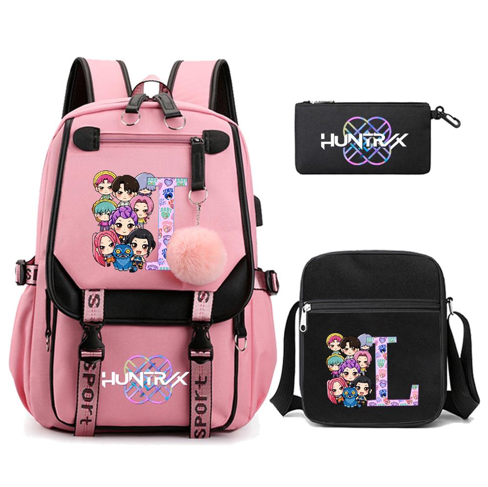 3Pcs/set Cartoon K-pop Demon Hunters Printed Backpack with Shoulder Bag for Teenager Student Girl Boy Bookbag Large Capacity Travel Bag Kid Gift