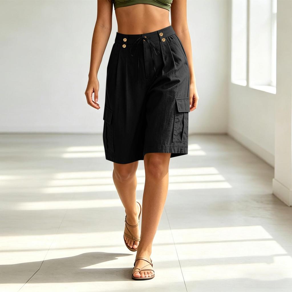 Damen Freizeit Cargo-Shorts knielang mit Knopfverschluss und Seitentaschen Leichter atmungsaktiver Stoff Geeignet für den täglichen Gebrauch