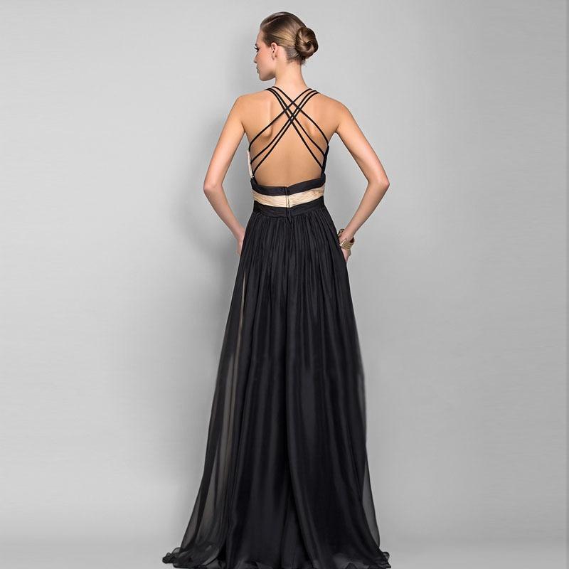 Women's new chiffon contrasting evening dress sleeveless v-neck splicing dress long