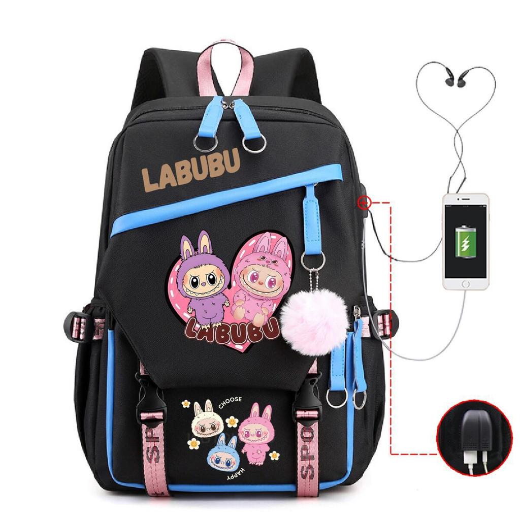 Labubu printed student schoolbag multi-function large capacity backpack with USB port
