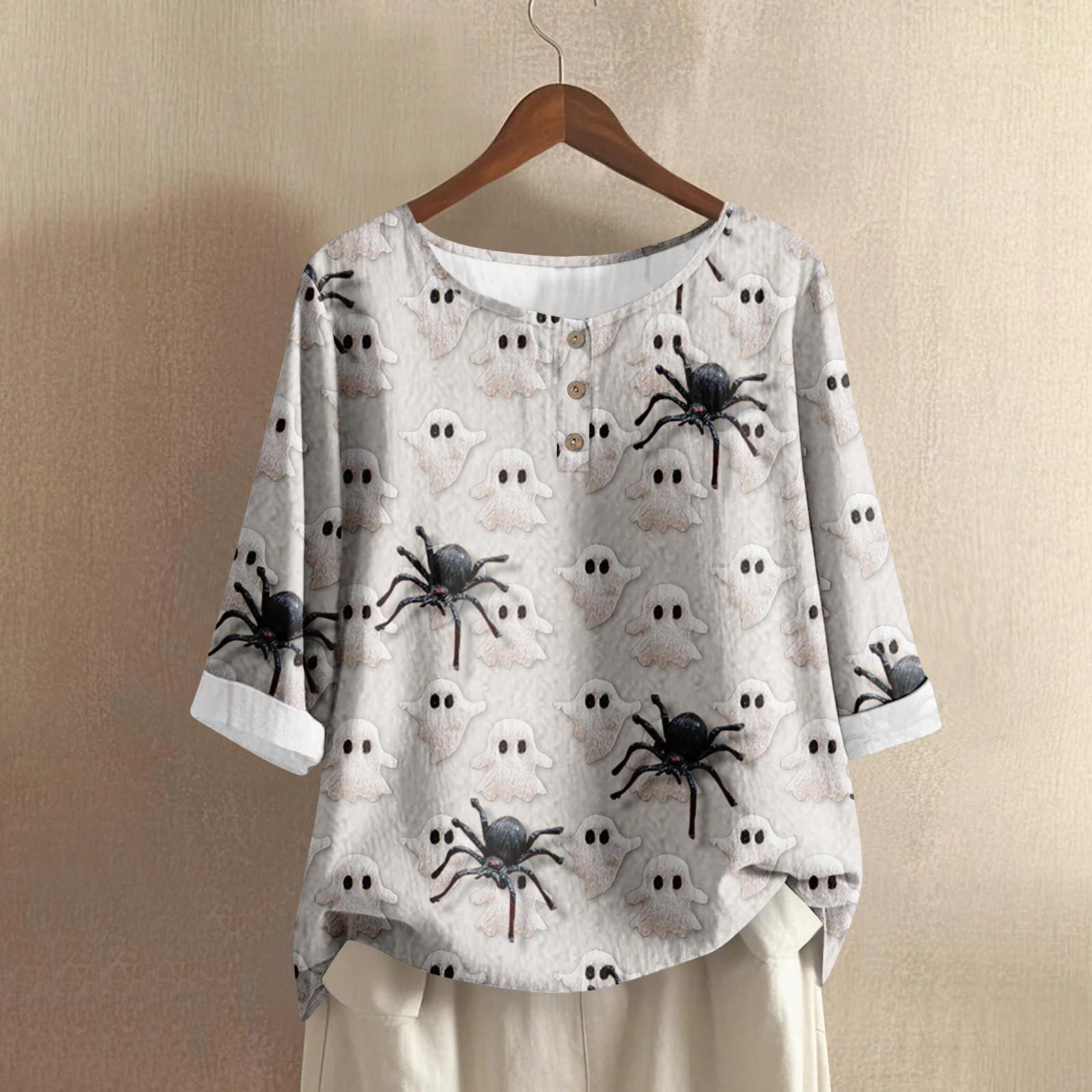 

Женская мода повседневная хэллоуинская принтованная блузка с длинным рукавом и V-образным вырезом S белый