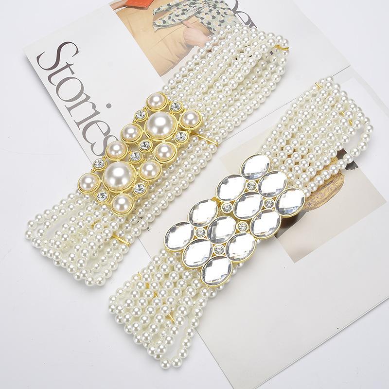 Sweet Temperament String Pearl Belt Elastic Diamond Elastic Women'S Wide Waist Seal With Skirt Decorative Belt