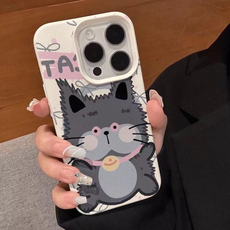 Cute Cartoon Cat Phone Case IPhone 15 Pro Max 14 13 12 Soft Silicone Full Cover With Leather Texture 3D Relief Design