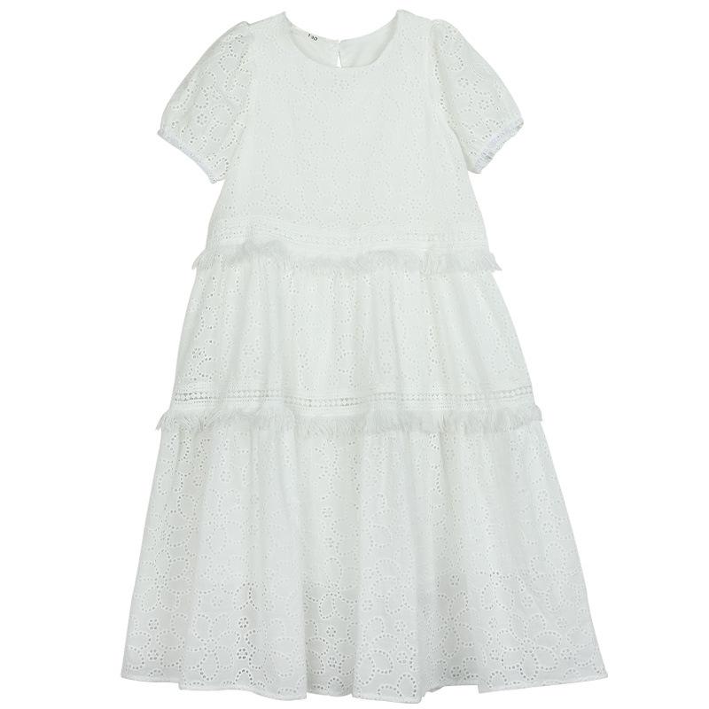 Girls' Embroidered White Cotton Dress – Sweet Bubble Sleeve Cake Design for Summer