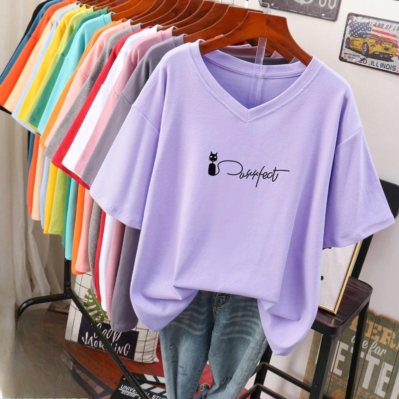 Short-sleeved T-shirt for Women, Large Size, Loose and Slimming, Printed V-neck Top