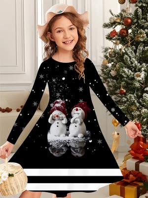 Girls' Autumn and Winter Fashion Dress, 3D Christmas Print Round Neck Long Children's T-shirt Dress, Casual Versatile, Christmas Clothing