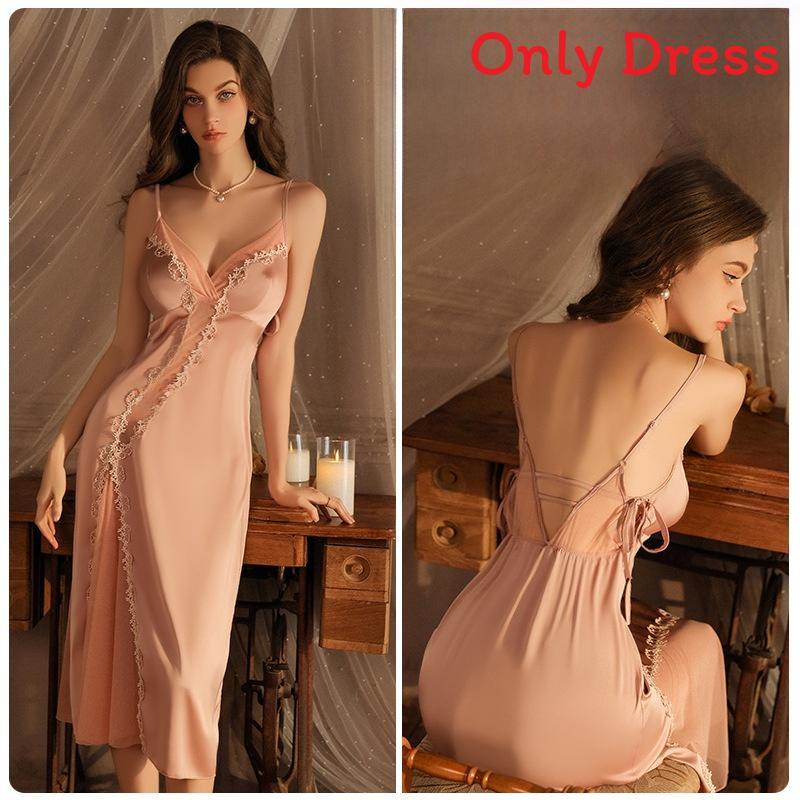 Long Silk Sleepwear Set With V Neck Sleeveless Design For Women Relaxation