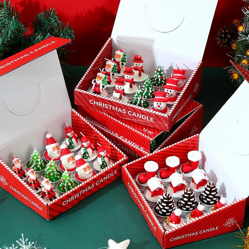 12Pcs Set Christmas Candles, Santa Claus, Tree, Snowman, Carnival, Romantic Ornaments, Candlelight Dinner, Christmas Painted