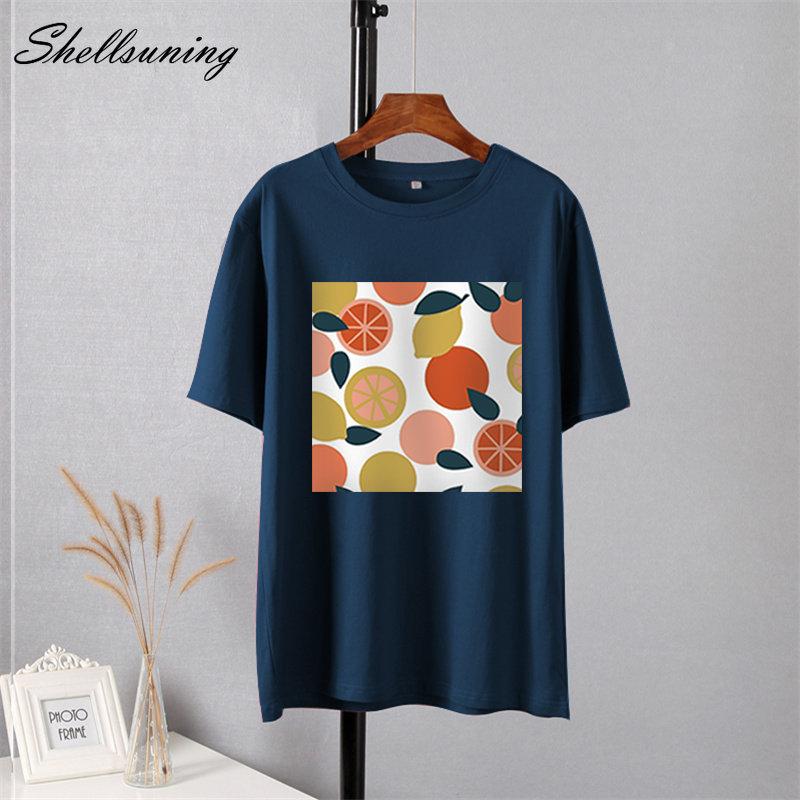 Shellsuning Casaul Kawaii Fruit Printed T Shirt Women Loose O Neck Short Sleeve Base Tees Female Simple Cotton Trendy White Tops