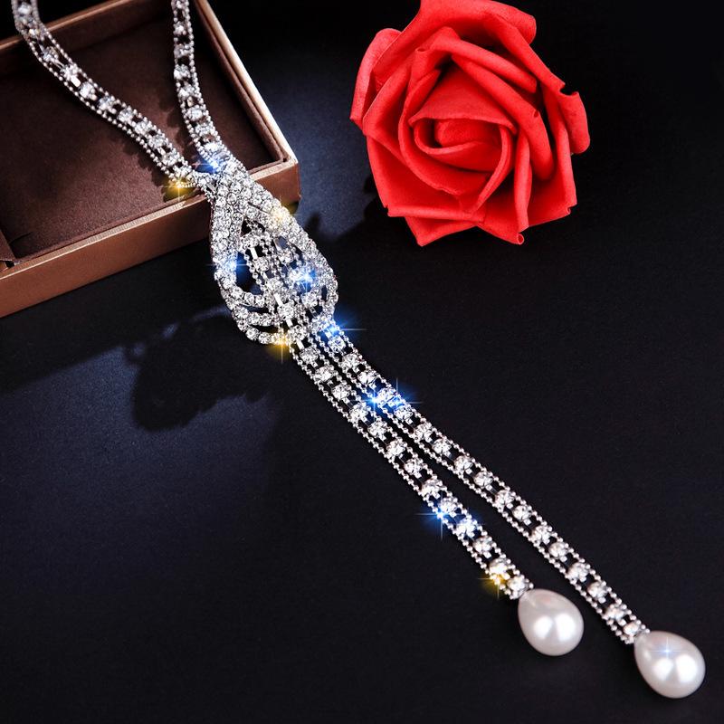 Korean Style Claw Chain Water Drop Crystal Long Sweater Necklace with Pearls