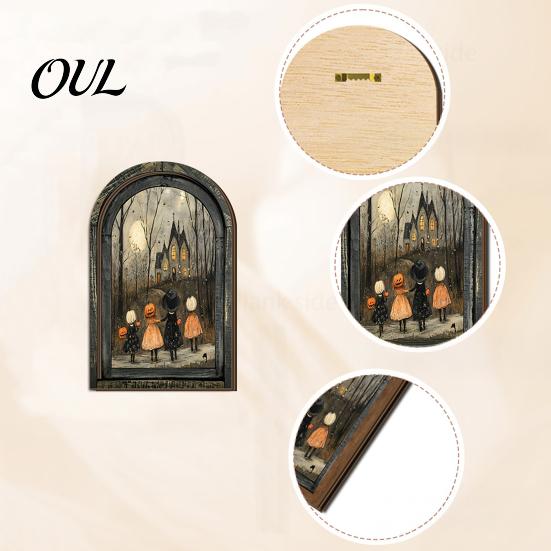 Dark Floral Halloween Decor Arched Wooden Wall Decor, Ghost Cat Hanging Ornament, Distressed Gothic Decorative Picture Frame Tabletop Plaque,