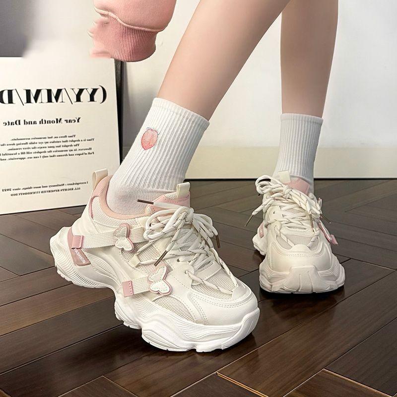 Leichte Sneaker Damen Herbst neu vielseitig Mesh atmungsaktiv rosa Schmetterling Plateau Dad Shoes