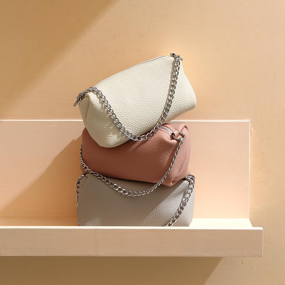 Genuine Leather Women's Bag Slanted Zipper Round Bag High-end Single-shoulder Bag Chain Handbag