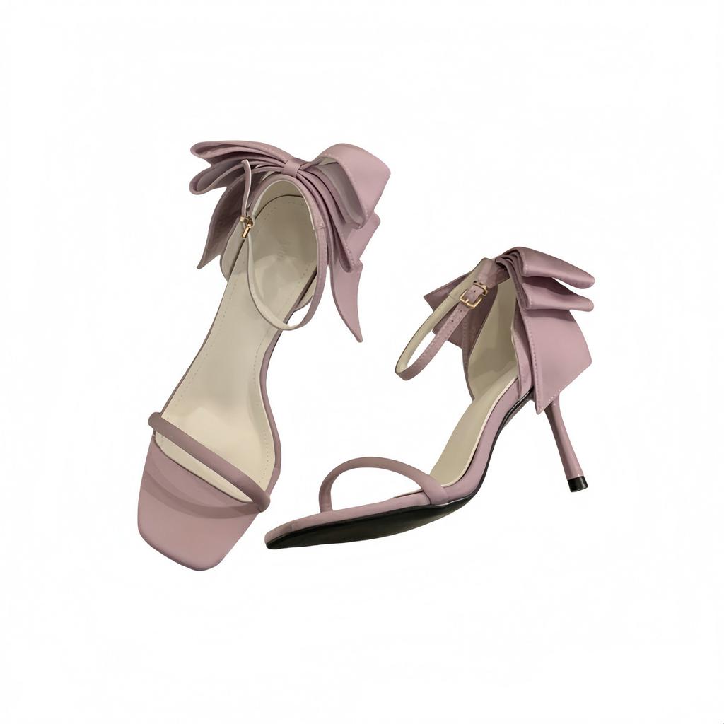 2025 Summer New Square Head Open-toed French Temperament Fairy Style Stiletto Bow Banquet Sandals Woman