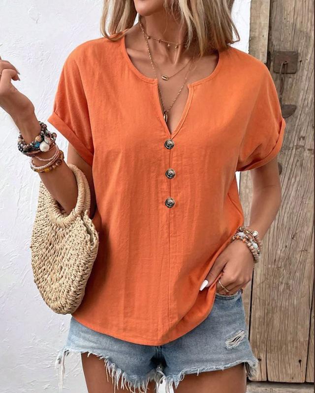 New 2025 Women Shirts V-Neck Buttons Short Sleeve Loose Blouses Solid Color Casual Summer Tee Shirt Daily Wear Tops Ladies