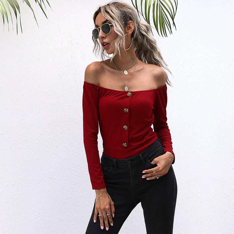 

YYFS Женская мода повседневные однотонные боди с принтом весна осень длинный рукав на одно плечо XL бордовый