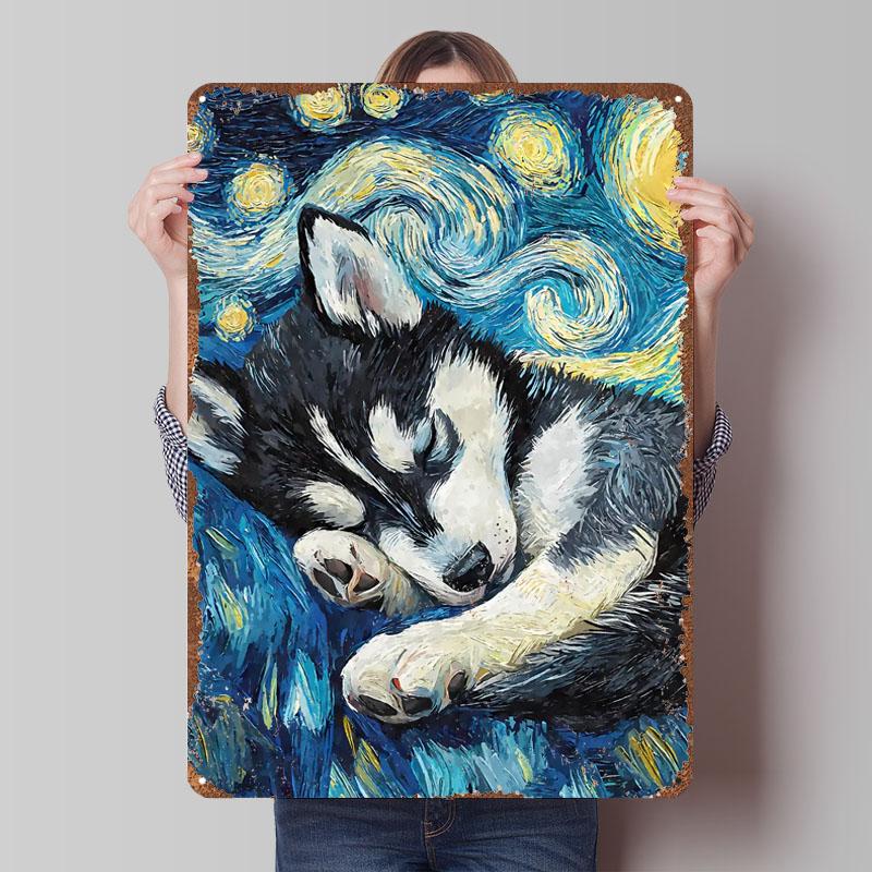 Husky Puppy Starry Night Cute Sign Printing Metal Poster Decoration Bedroom Customized Metal Tin Signs for Wall Decor Retro Art