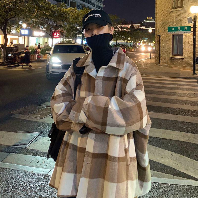 Men's Mid-Length Winter Plaid Wool Coat - Trendy Loose-Fit Windbreaker Jacket