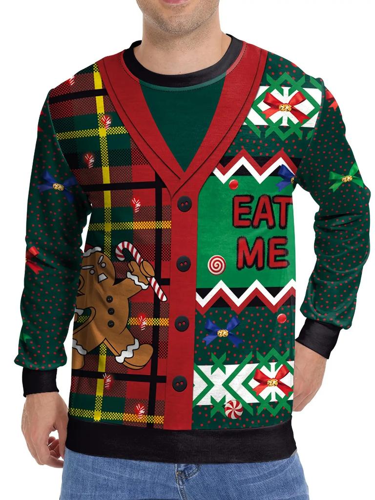 Plus Size Men's Festive Christmas Plaid and Bells [Print Sweater - Casual Round Neck Long Sleeve Pullover