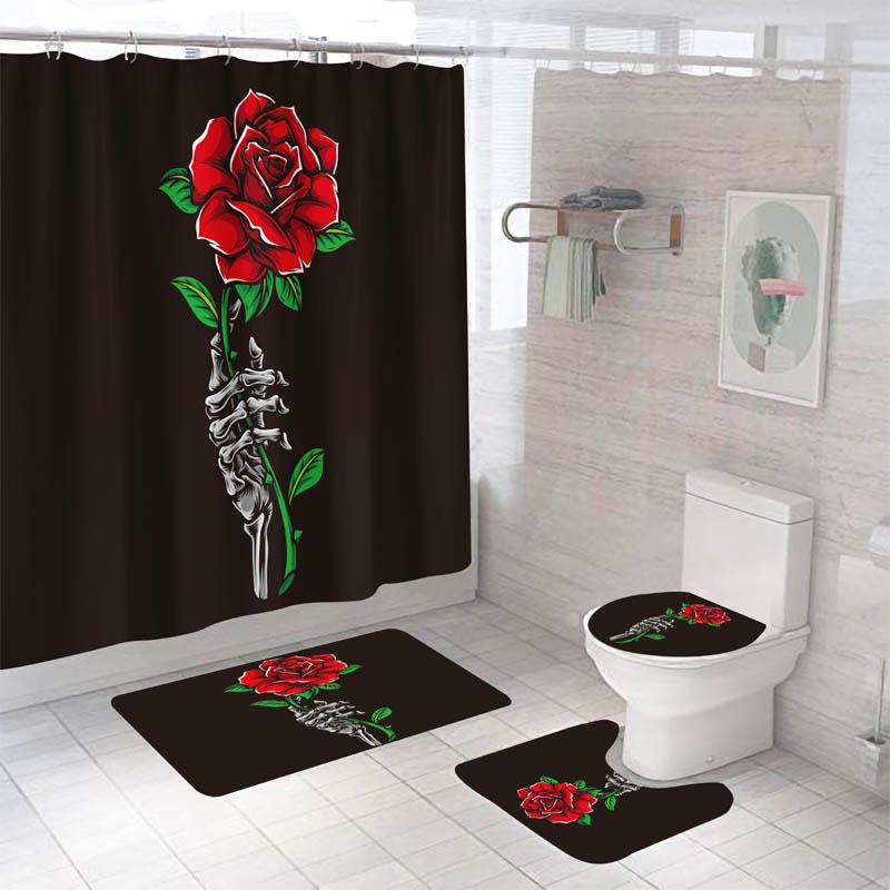 Rose Flower Shower Curtain Set Non-Slip Rugs Bath Mat Toilet Lid Cover And 12 Hooks Waterproof Polyester Bathroom Home Decor