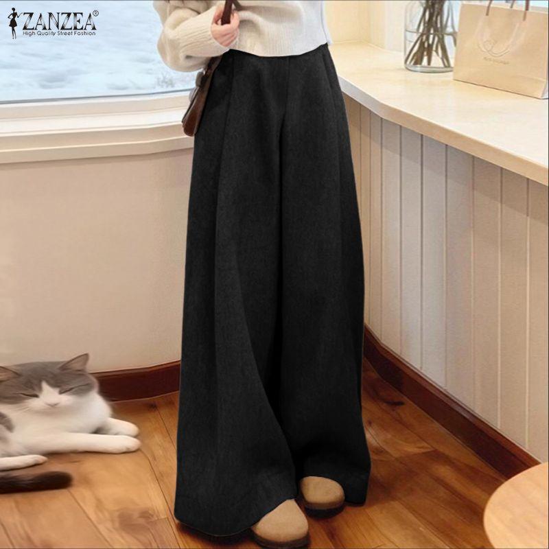 ZANZEA Damen Casual Elastische Taille Einfarbig Lose Lange Hosen