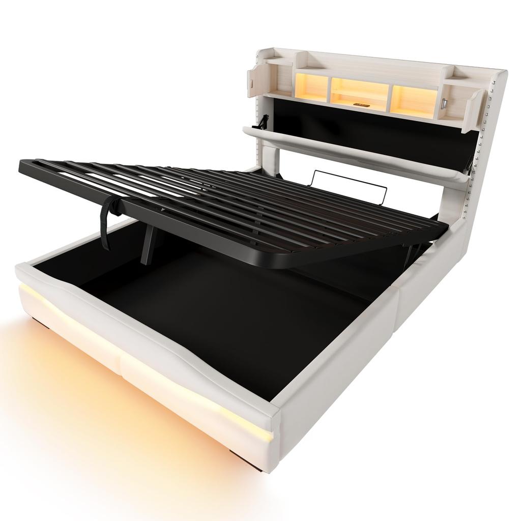 Polsterbett 160x200 Hydraulischer Stauraum, LED-Kopfteil, USB-A&C Ladefunktion, Lattenrost, ferngesteuerte Lichtleiste, Ohne Matratze, Beige