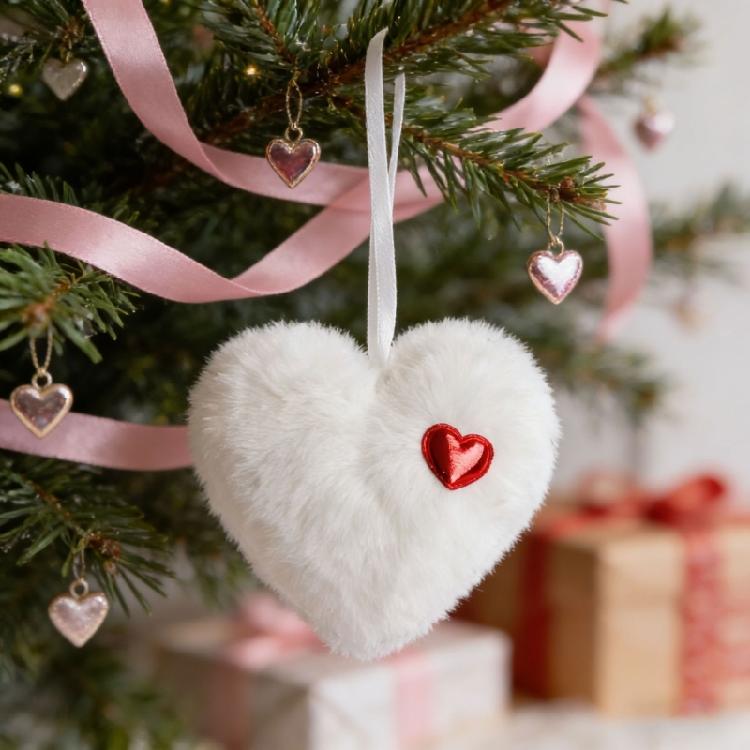 2Pcs Soft Furry Heart Shape Ball Hanging Ornament For Christmas Tree Mantels Window Wall Display Festival Decoration