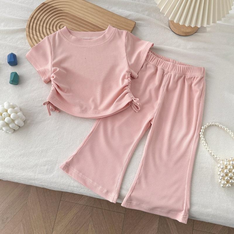 New Summer Outfit For Girls: Short-Sleeve Bell-Bottom Pants Two-Piece Set Stylish Baby Homewear Lightweight