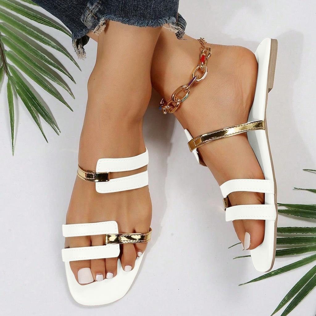 Massage Sandals Women Women'S Flat Soled Fashionable Patchwork Color Square Toe Slippers Fashionable Chaussures Femmes éLéGantes