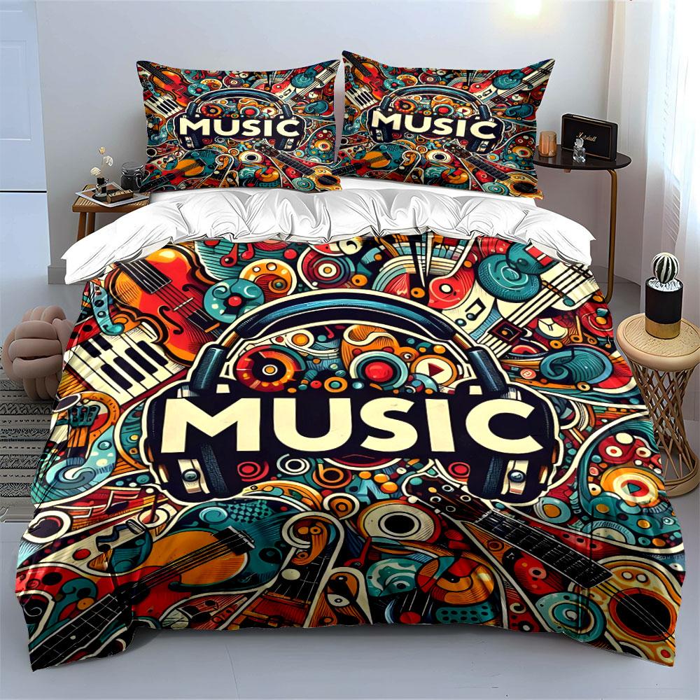 Music Themed Decorative Art Set Bedding Set with 1 Duvet Cover 2 Pillowcases Single Double King Queen, Gift
