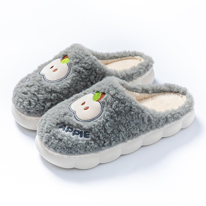 Autumn and winter embroidery thick bottom velvet warm stepping shit cotton slippers home bedroom couple hair slippers