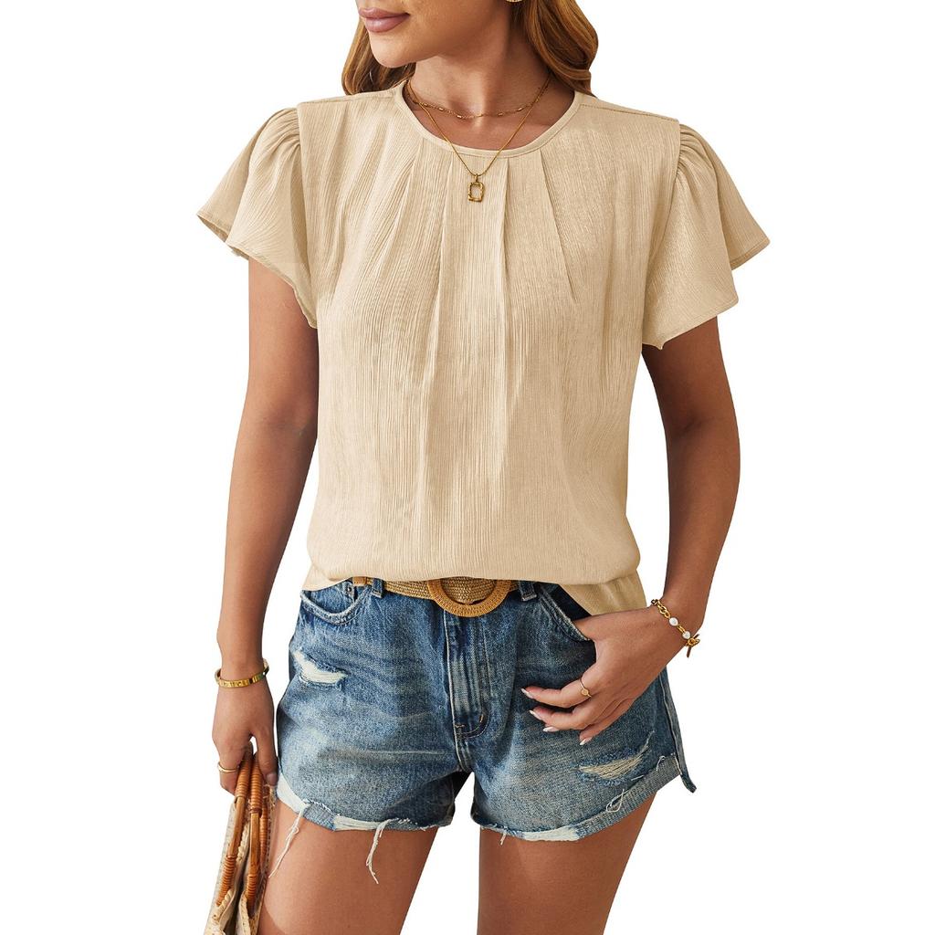 Spring Summer Women's European American Fashion Crew Neck Loose Blouse Shiny Fabric Petal Sleeve Casual Top