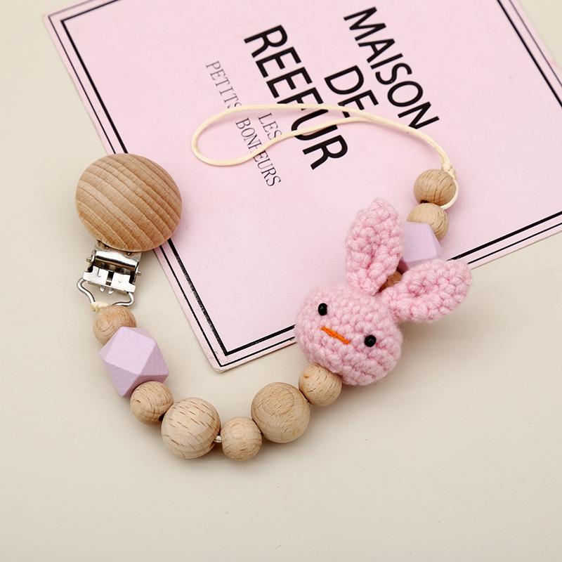 Cute Cartoon Knitted Rabbit Pacifier Clip with Beech Wood Beads