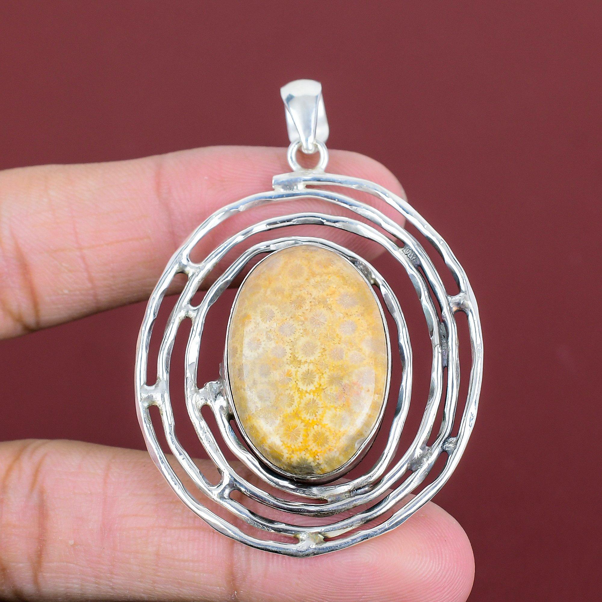 Fossil Coral Pendant Original Gemstone Pendant 925 Sterling Silver Pendant Fossil Coral Jewelry Handmade Birthstone Pendant Gifts For Mother