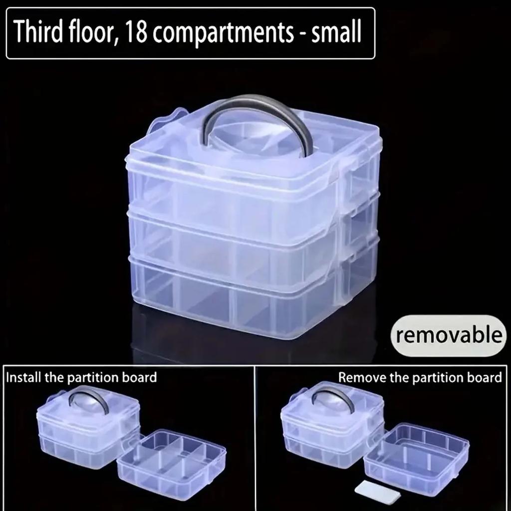 3-Tier Stackable Storage Organizer Box with 18 Adjustable Compartments, Snap-Lock Transparent Plastic Container for Toys, Jewelr