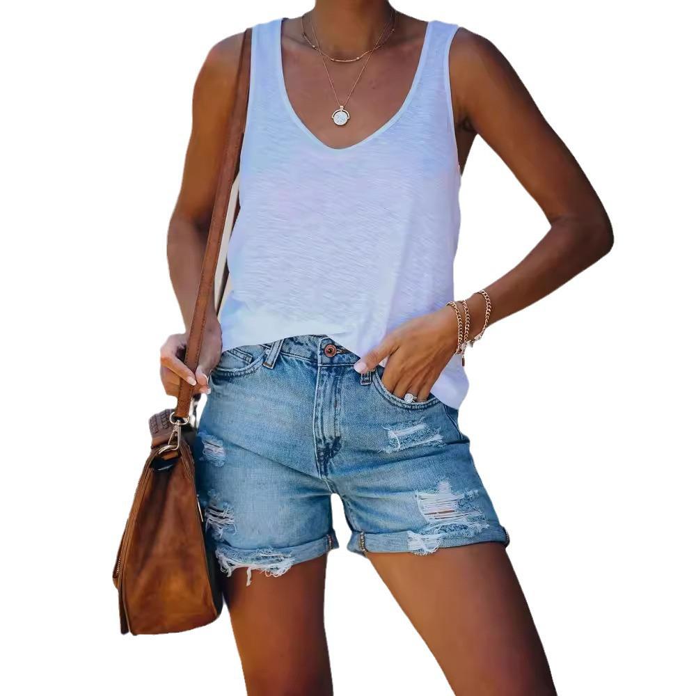 Women's Versatile Ripped Summer Shorts - Washed Straight-Leg Jeans
