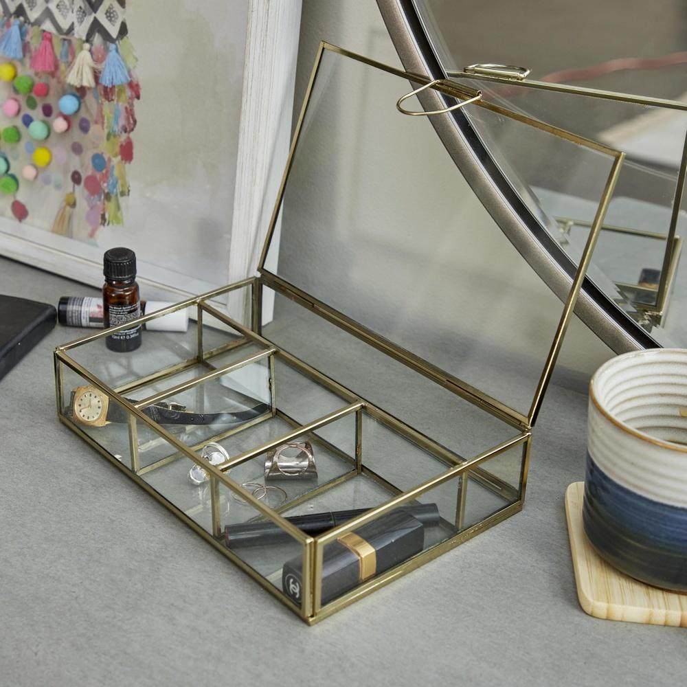 Elegant Gold Glass Jewelry Box Clear Organizer with Hinged Lid U-Shaped Handle Modern Design Durable Storage Home Decor