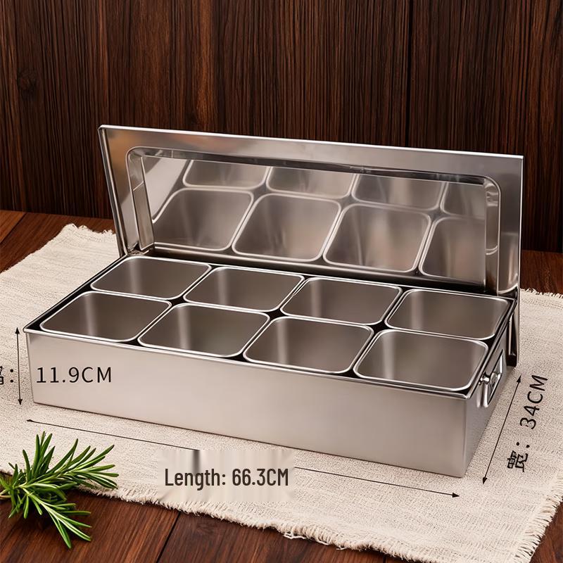 Stainless Steel 8-Compartment Condiment Box with Lid