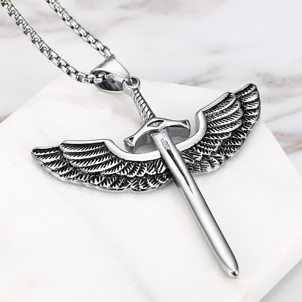 Angel Wings Pendants Necklaces for Men Women Stainless Steel Charm Chain Holy Sword Cross Pendant Unisex Jewelry Accessories