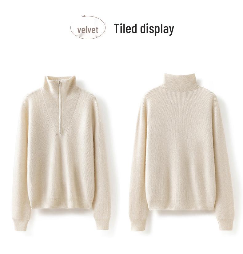 2024 Autumn/Winter Women's Cashmere Polo Collar Sweater with Yuanbao Stitch and Zipper - Long Sleeve, Warm, Versatile Knit.