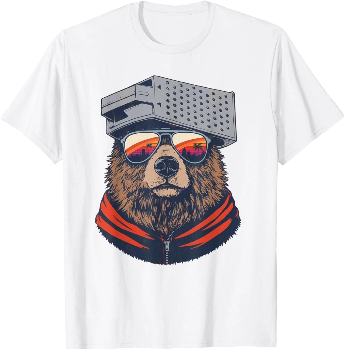 Retro Bear with Cheese Grater Hat and Sunglasses Sunset Art 100% Cotton T-shirt Mens Tees Top M