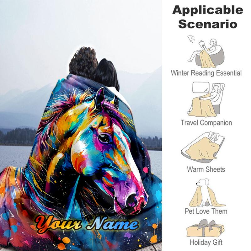 1PC Custom Name Colorful Horse Portrait flannel blanket versatile,all-season throw suitable for the living room,bedroom,camping,travel,and gift