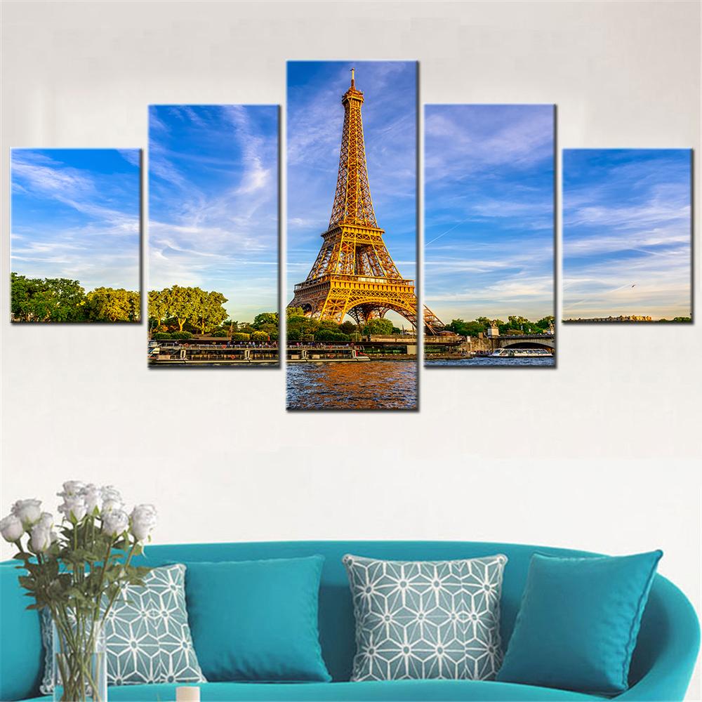 

5 Panel Landscape Painting HD Prints Modular Eiffel Tower and River Seine Canvas Pictures Home Decor Wall Art Poster 20X35 20X45 20X55CM