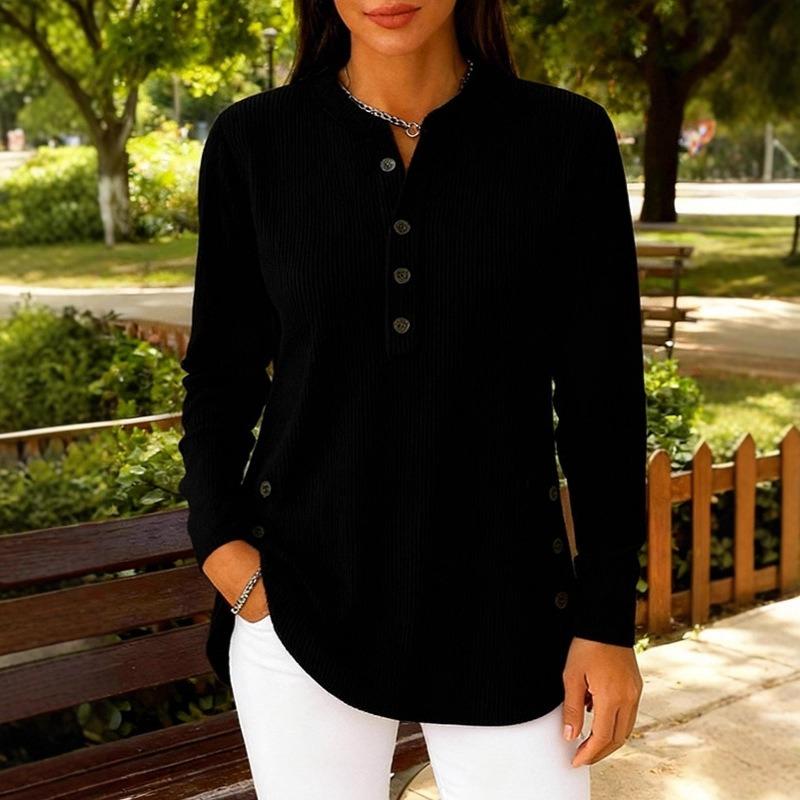 Blusa Informal de Terciopelo Rojo para Mujer Otoño, Cuello Henley con Botones, Dobladillo Curvo