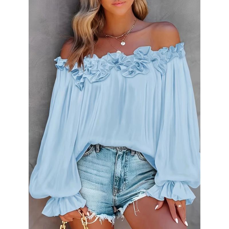 Elegant Fashion Casual Off-the-shoulder Women Blouse Long Sleeved Loose Simple Ruffled Shirt Office Ladies Tops Solid Color Tops