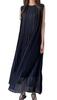 [YUANYUAN] Plissiertes Chiffonkleid, Ärmelloses Kleid, Sommerkleid, Langes Kleid, Klebeband am Hals, Ärmellos, Mit Gürtel, Gefüttert, Schwarz, Maxilänge, Lässig, Entspannt