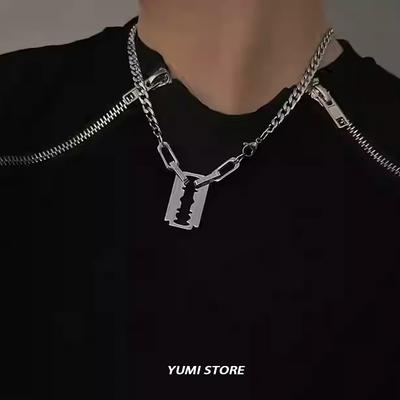 Unisex Punk Hip Hop Blade Necklace Titanium Steel Exaggerated Collarbone Chain Kpop Cool  for Men And Women
